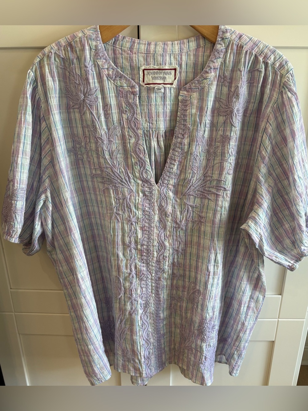 Johnny Was Lavender and Mint Plaid Embroidered Button-Down Shirt